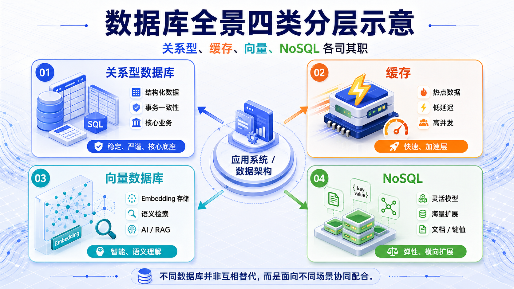 数据库全景四类分层示意：关系型、缓存、向量、NoSQL 各司其职